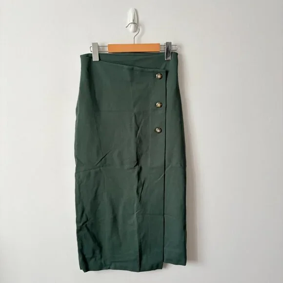 Aritzia Babaton Billy Button Midi Pencil Skirt Dark Green Size 4 - Picture 3 of 6